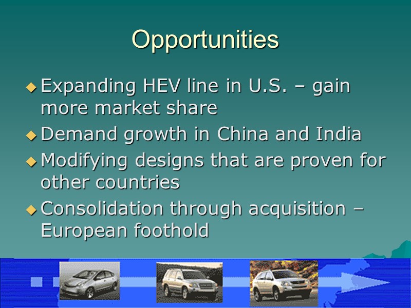 Opportunities Expanding HEV line in U.S. – gain more market share  Demand growth